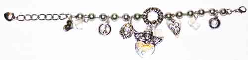 Trendy zilverkleurig armband met div. bedels o.a. peace,engel,hart,strass