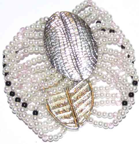 mooi elastische 10 rijen parel armband met twee zilverkleurige ovale tussen schakels
