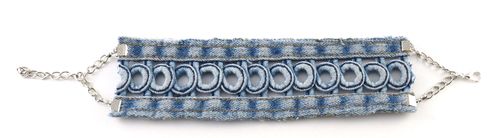 handmade jeans stretch armband met chrome ketting en slotje ±24 cm INCL: VERZENDKOSTEN